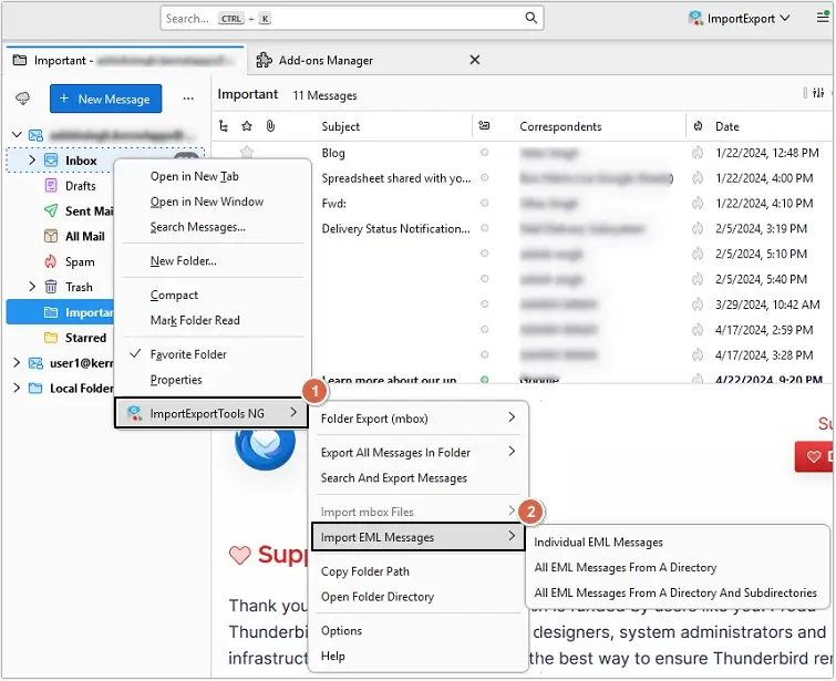 Select ImportExportTools then click import EML messages