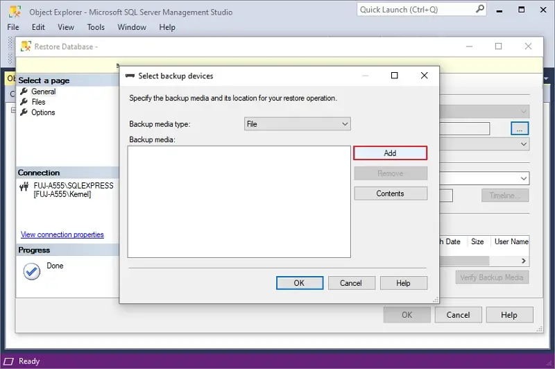 Click on add and select bak file