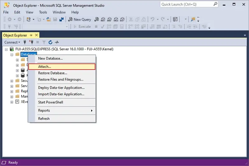 Click Databases then select attach