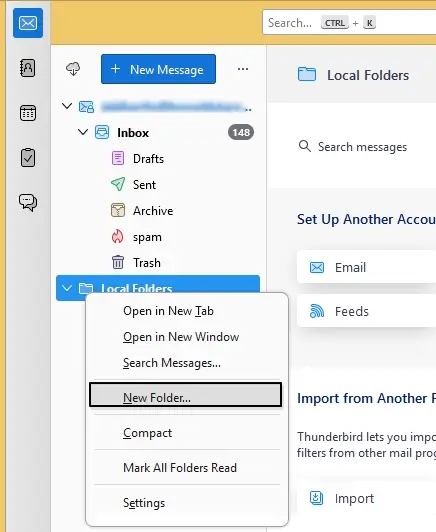 Right click local folders in thunderbird then select new folder