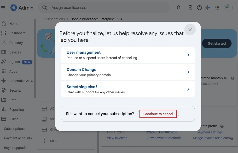 clicking on the Continue to cancel