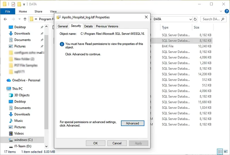 Select Properties, then go to security tab