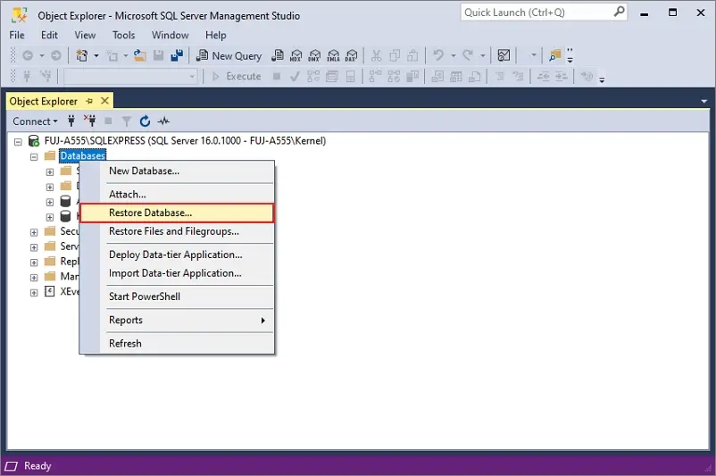 Right click databases and select restore database