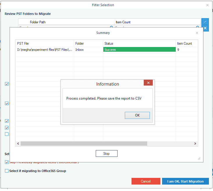 Die Software beginnt mit dem Import der PST-Datei in Office 365
