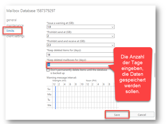Konfigurieren des Postfachs für den Aufbewahrungszeitraum