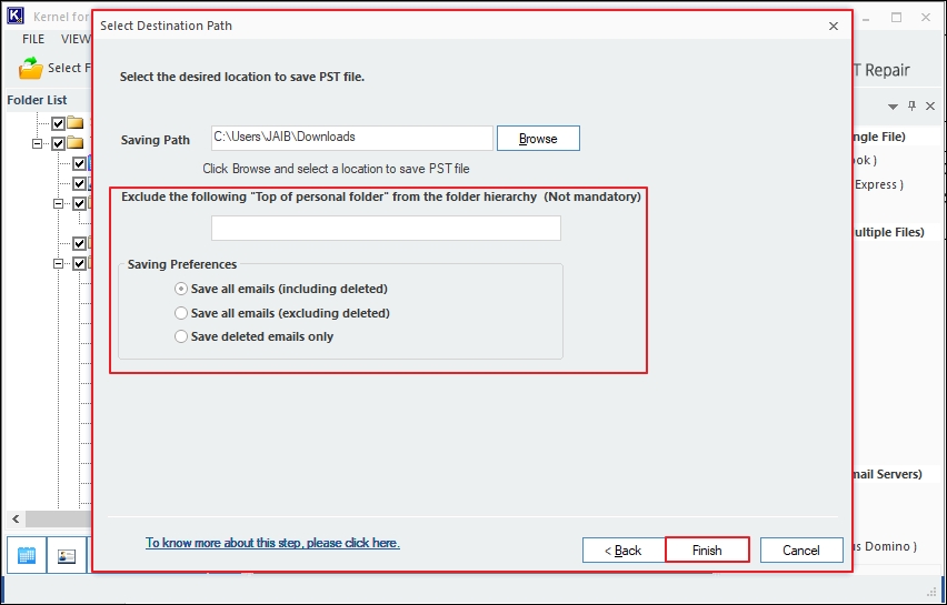 finished pst file repairing process