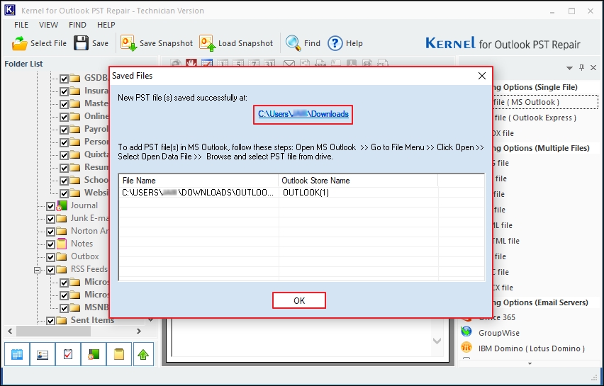 pst file fiesd and saved