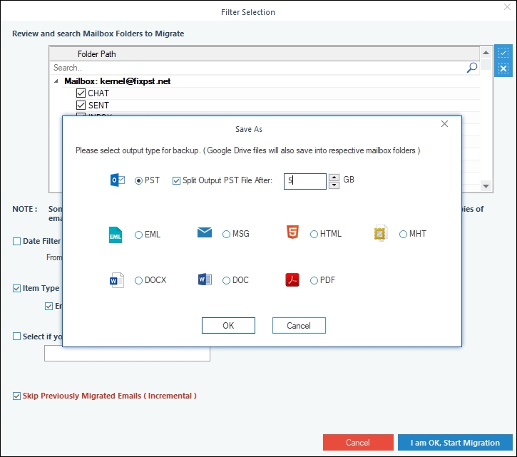Select the specified format as PST to save backup