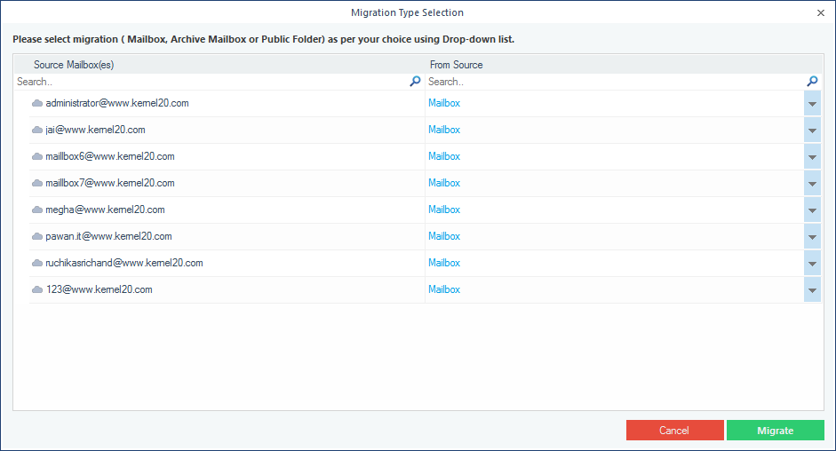 Select the desired option - Mailbox, Archive Mailbox, or Public Folder