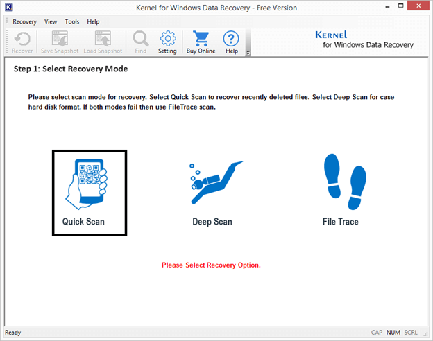 Selecting Quick Scan mode for the recovery