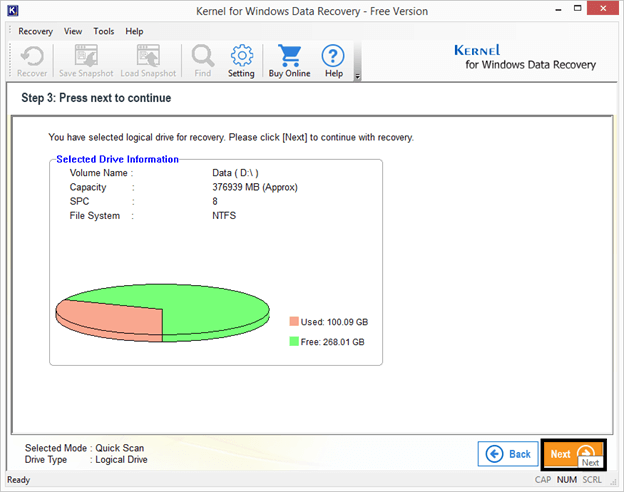 Complete information of the selected drive