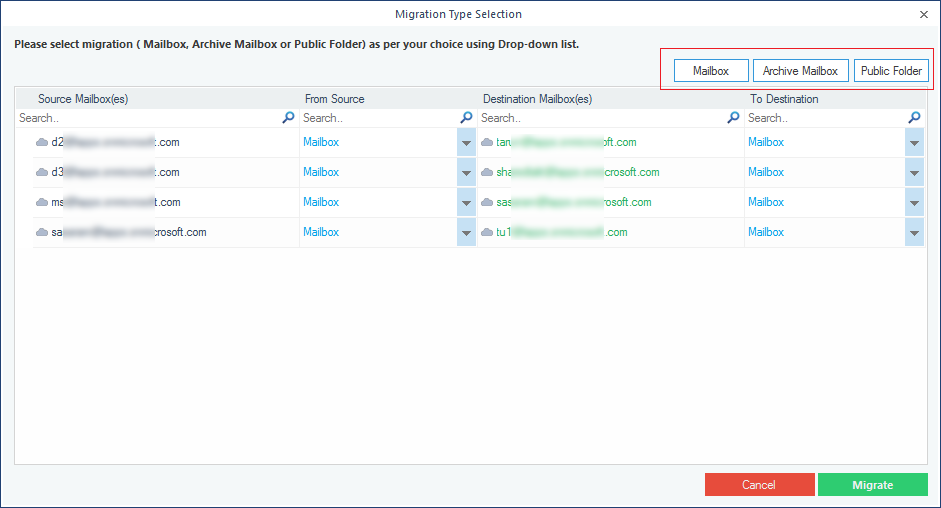 Select the type of data that you want to migrate