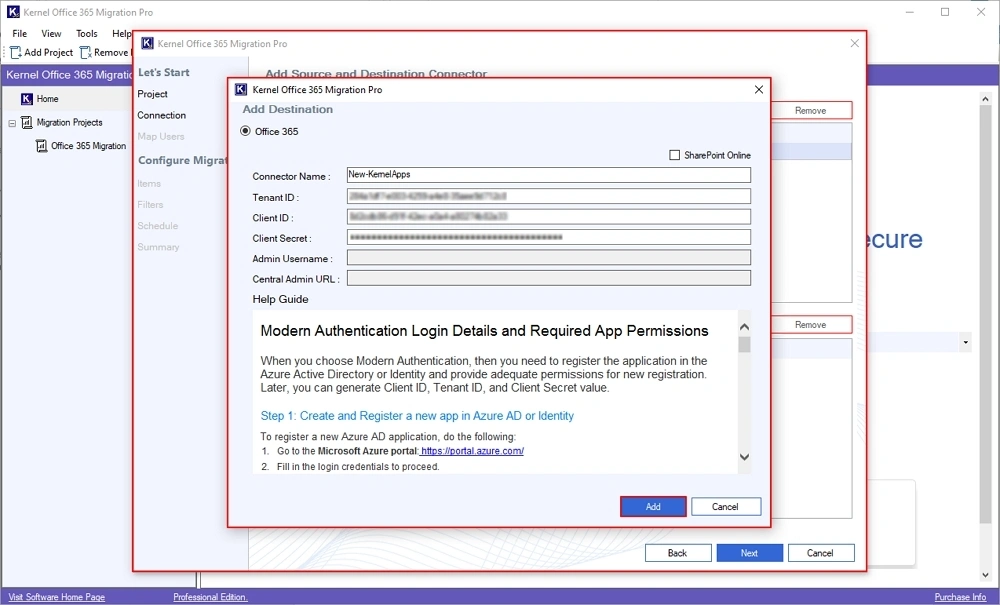 enter destination credential
