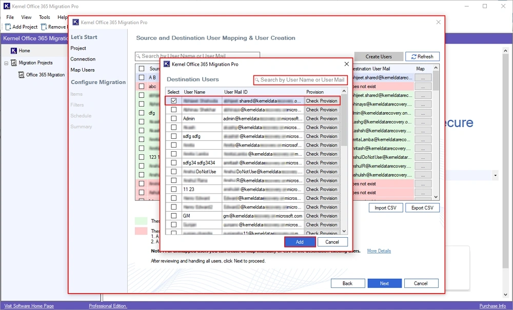 select destination user