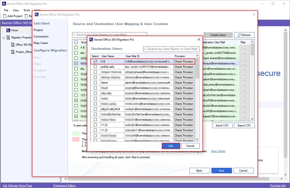 select destination user