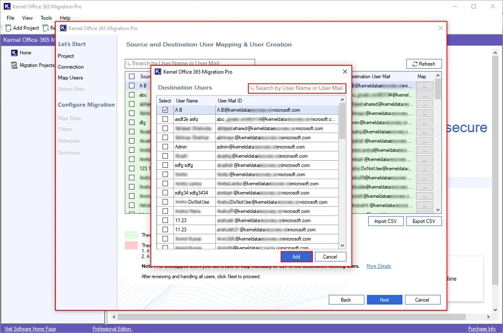 select destination user
