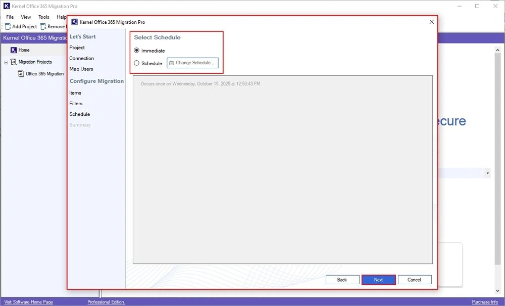 Select Schedule window
