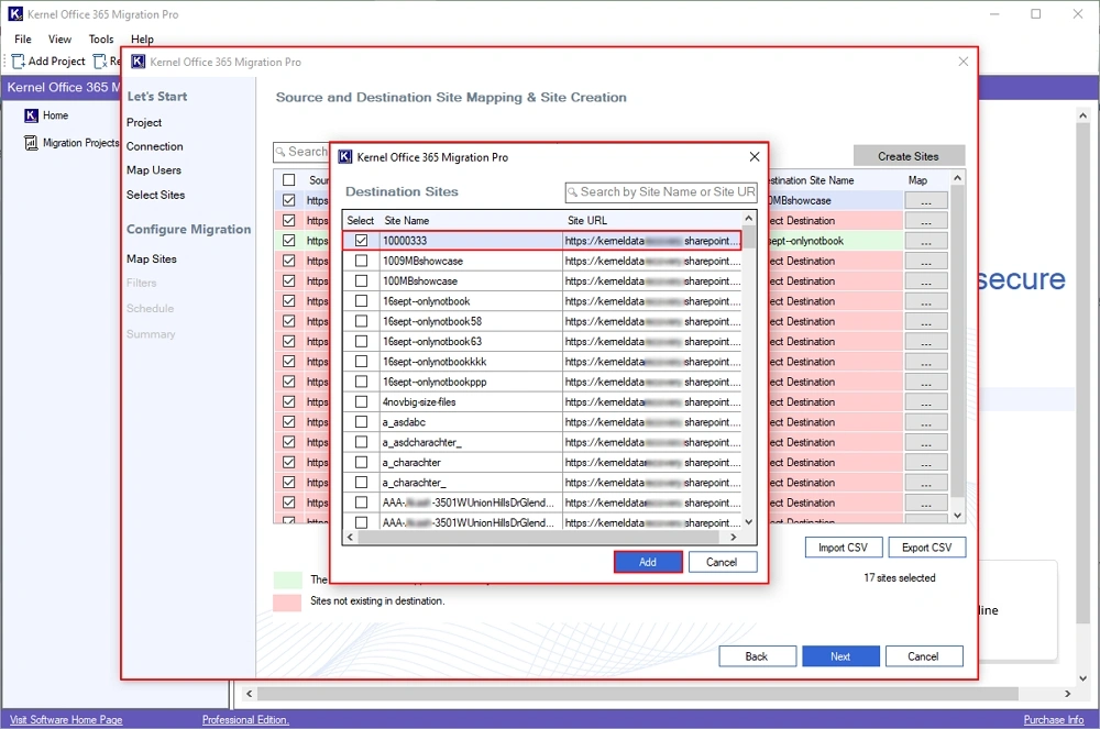 Select destination sites