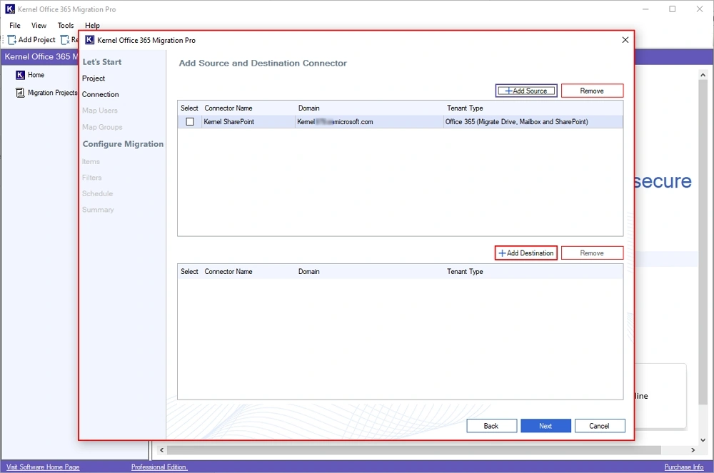 Add Source and Destination Connector