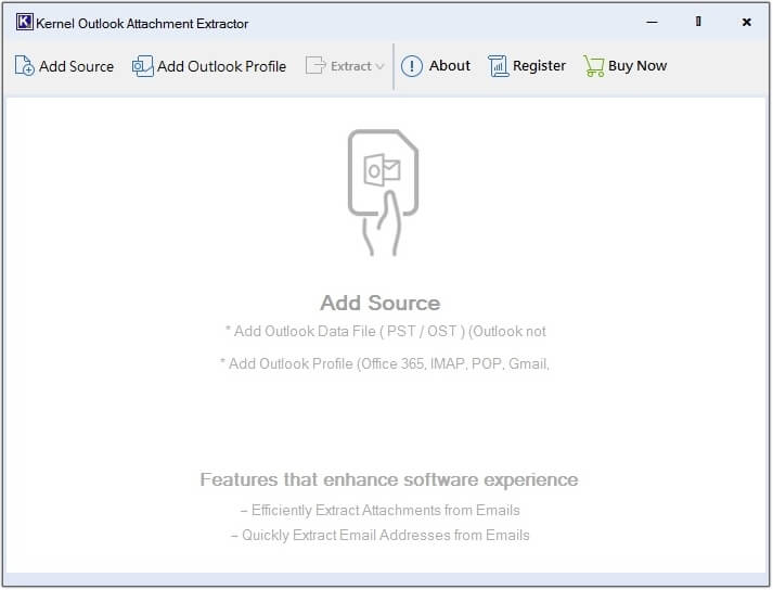 Home screen of Kernel Outlook Attachment Extractor