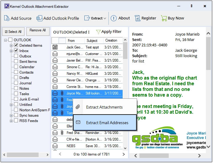 extract email addresses from selective emails