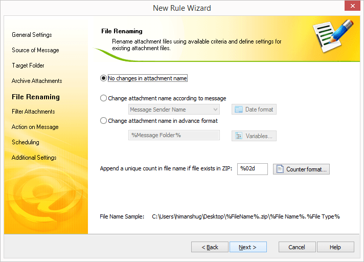 Modifying the attachment name before extraction