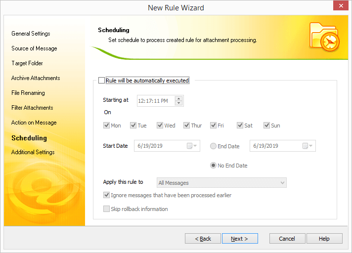 Options to schedule the attachment extraction process