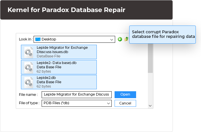 In this step, you need to select corrupt Paradox database file for repairing and recovering enclosed data.