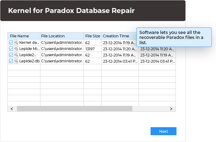 In this step, the software lets you see all the recoverable Paradox files in a list.