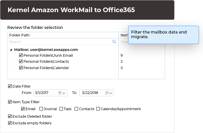 Filter the mailbox data and migrate