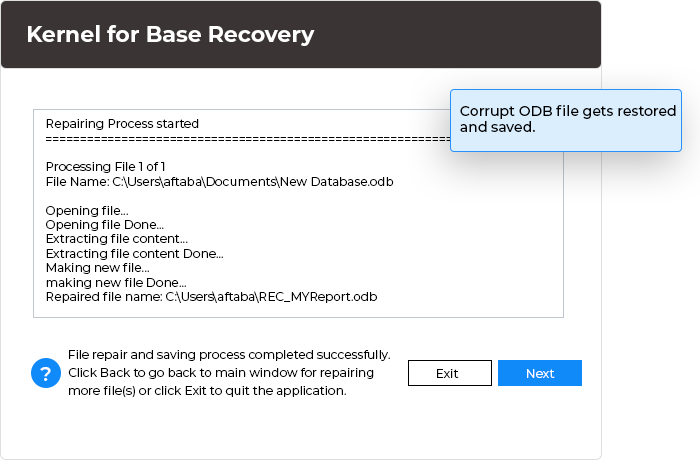 In this step, the corrupt ODB file gets restored and saved at the predefined saving location successfully.