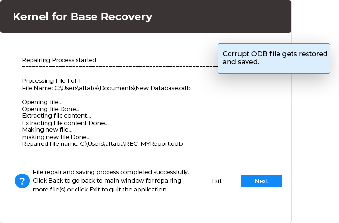 Corrupt ODB file gets restored and saved at the predefined saving location