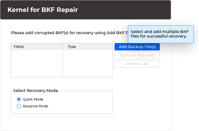 Select multiple BKF files to add them for recovery. 