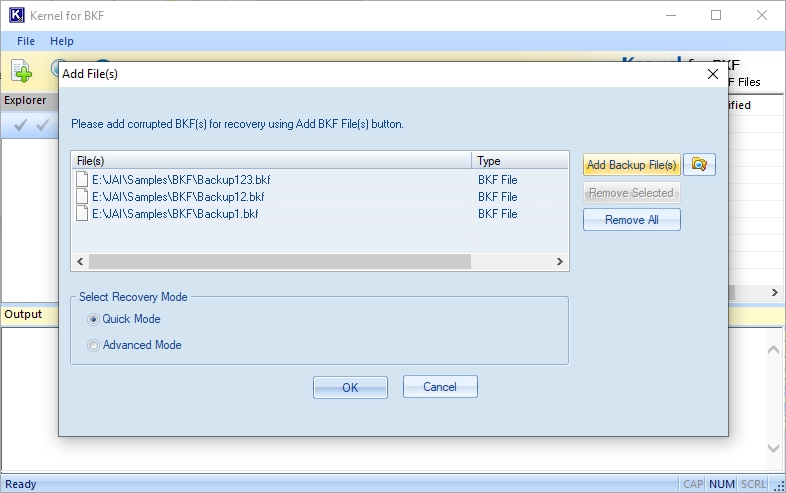 Select multiple BKF files to add them for recovery.