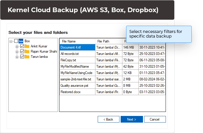 Select necessary filters for specific data backup