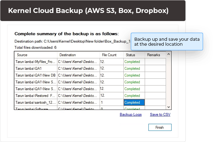 Backup up and save your data at the desired location