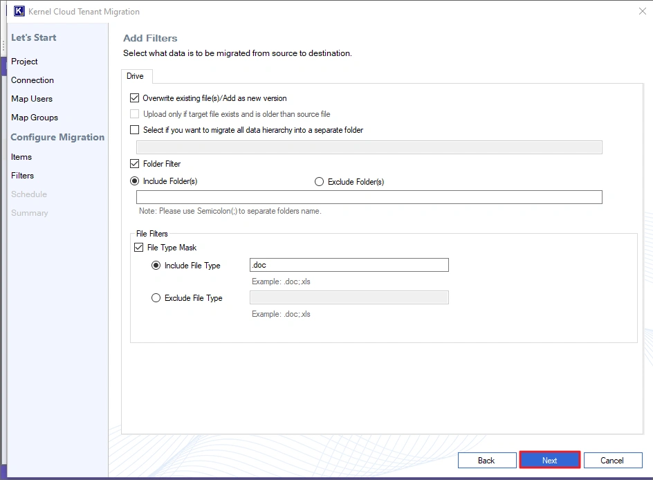 Specify folders to either include
