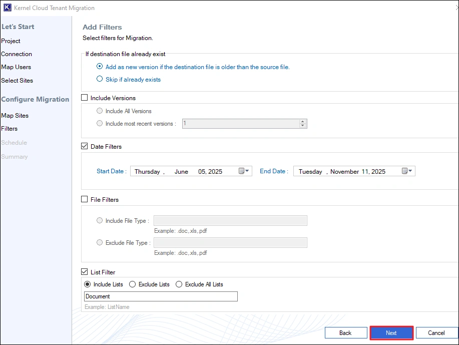 choose to include/exclude different types of files
