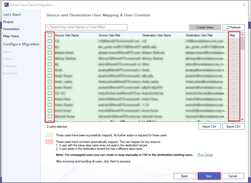 displays mapped users in a green background