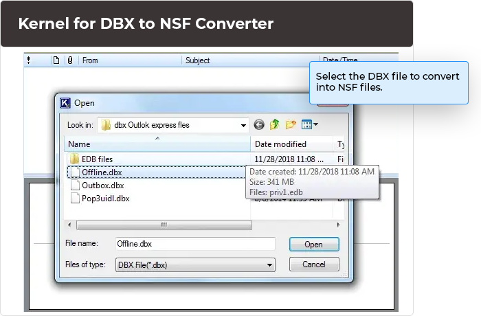 Select the DBX file to convert into NSF files.