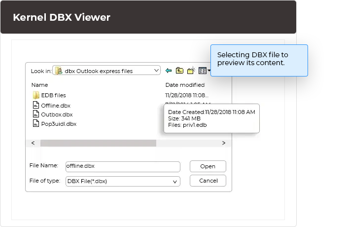 Selecting DBX file to preview its content.