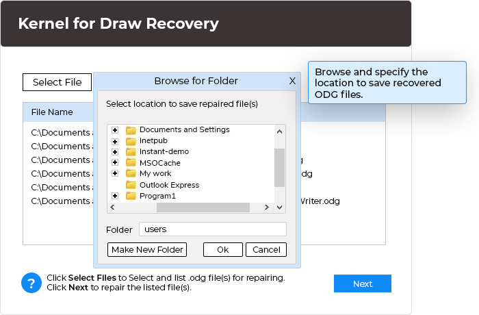 browse the location to save recovered ODG files