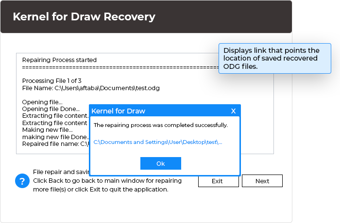 The final window displays link that points the location of saved recovered ODG files.