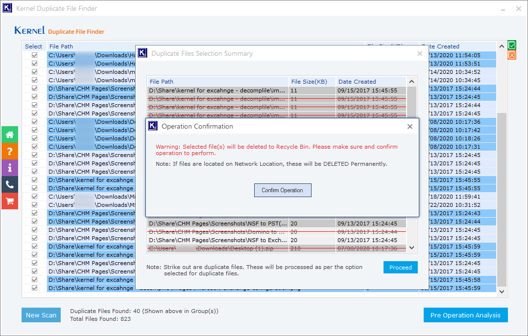 Chosen to delete the files to the Recycle Bin