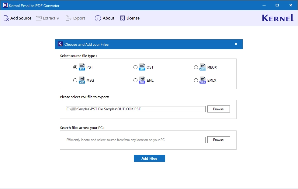 Kernel Email to PDF Converter home screen