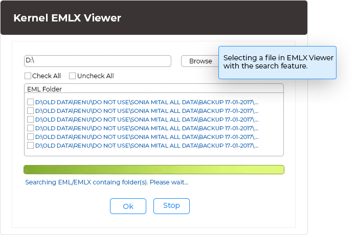 Selecting a file in EMLX Viewer with the search feature.