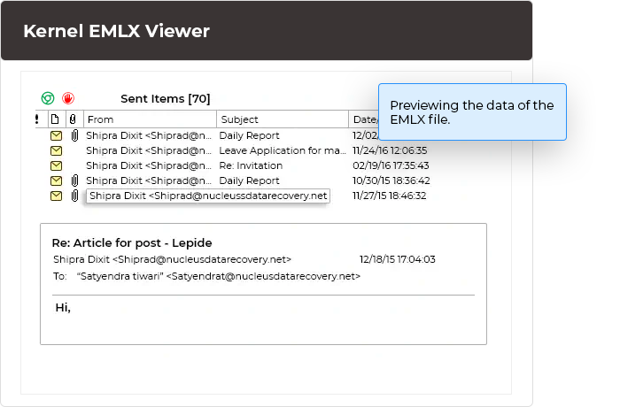 Previewing the data of the EMLX file.