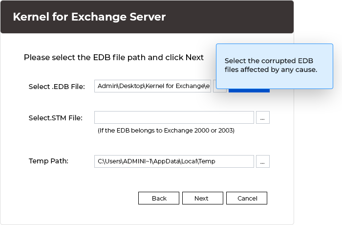 Select the corrupted EDB files affected by any cause