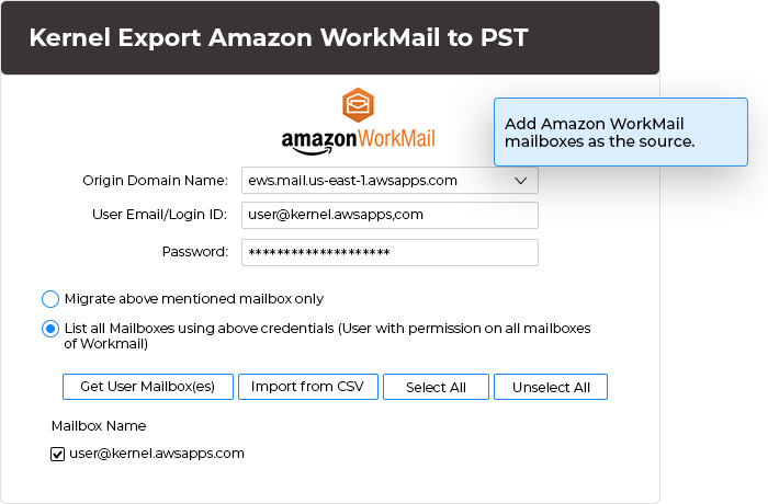Add Amazon WorkMail mailboxes as the source