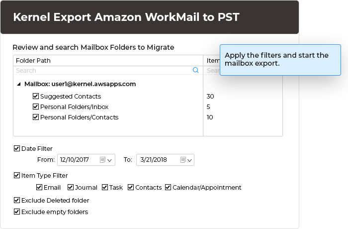 Apply the filters and start the mailbox export